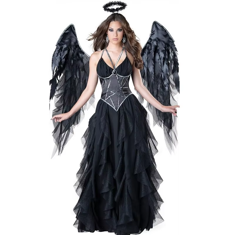 Dark Fallen Angel Deluxe Cosplay Costume – Gothic Demon Wings Halloween Outfit for Women