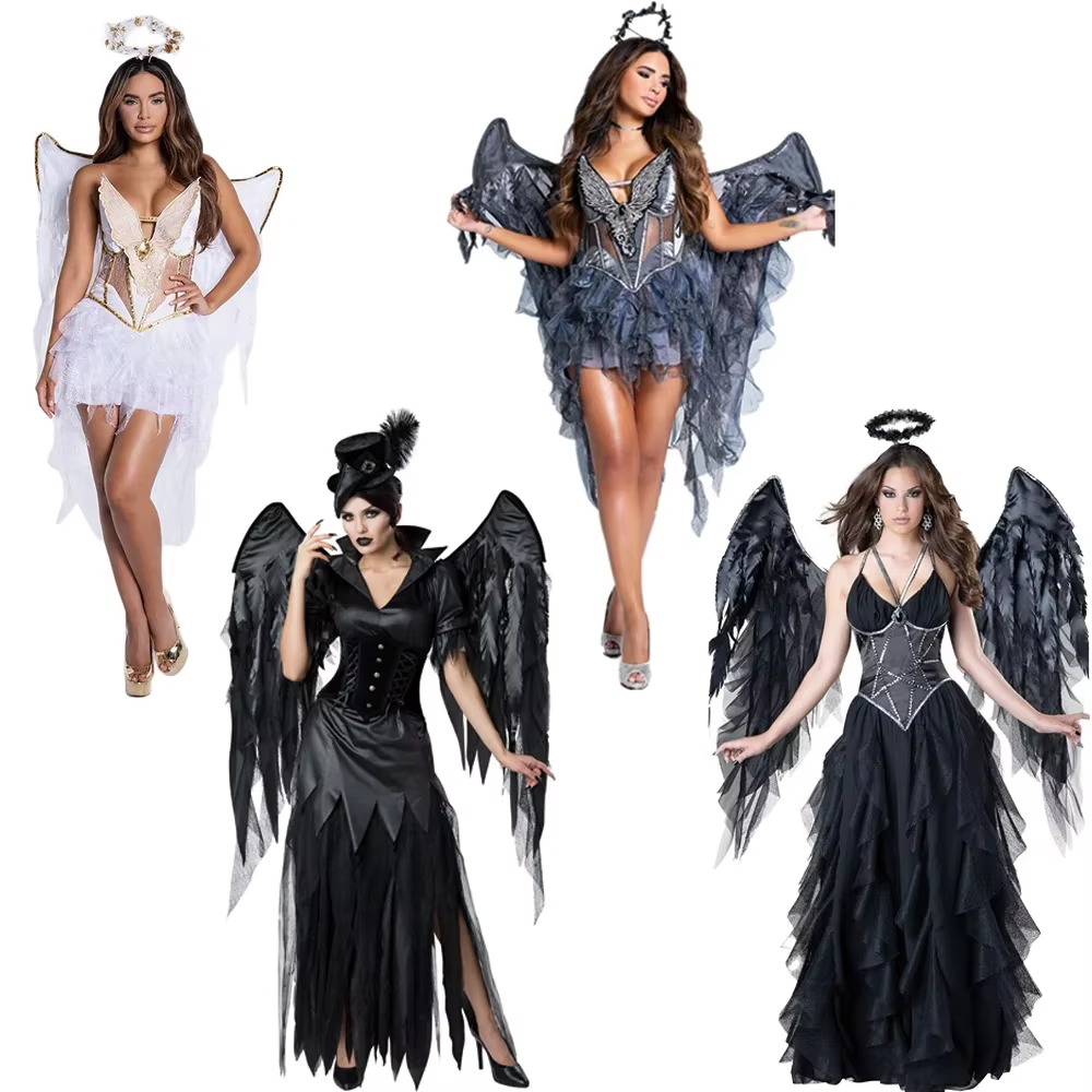 Dark Fallen Angel Deluxe Cosplay Costume – Gothic Demon Wings Halloween Outfit for Women