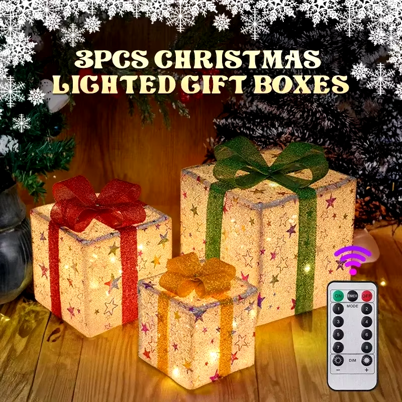 Enchanted Glow: Light-Up Christmas Gift Boxes – 3-Piece LED Holiday Décor Set