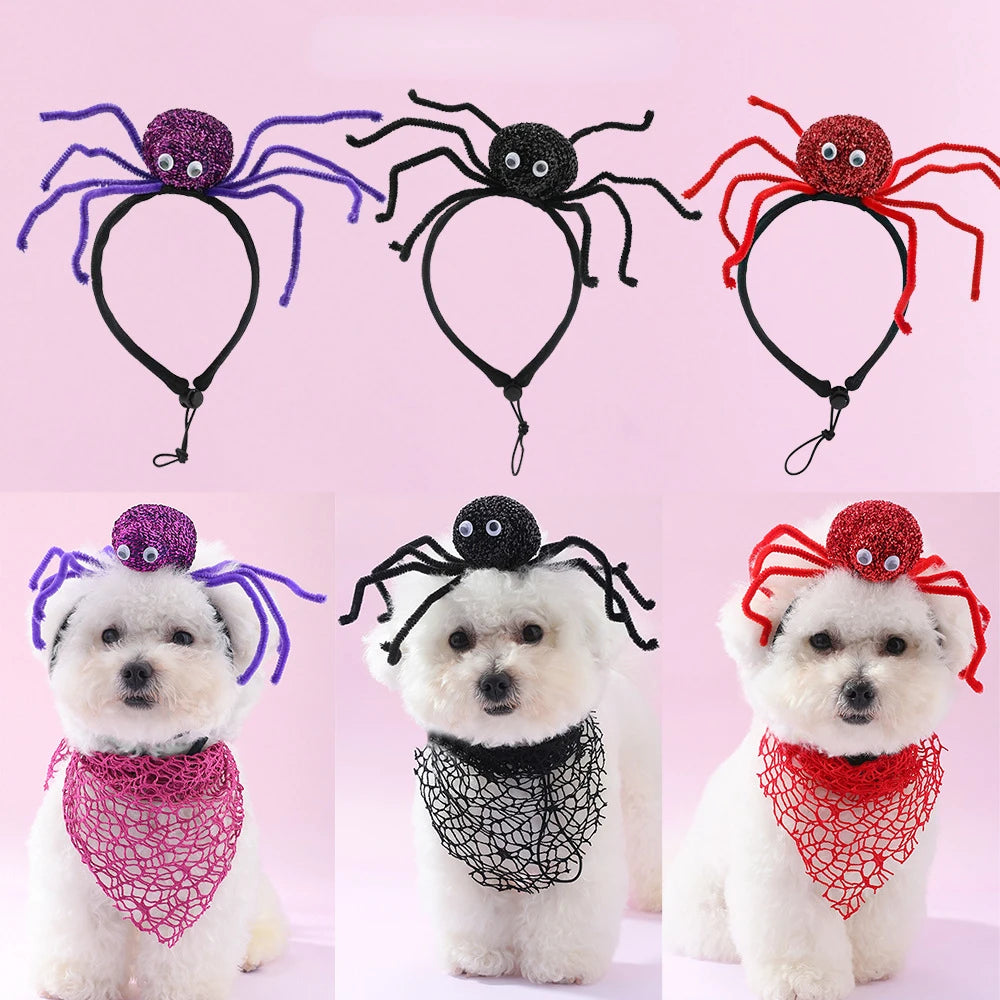 Spooky Spider Pet Costume Set – Halloween Hairband & Bandana for Dogs and Cats