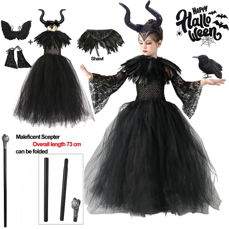 Enchanting Maleficent Dark Queen Halloween Cosplay Costume for Girls